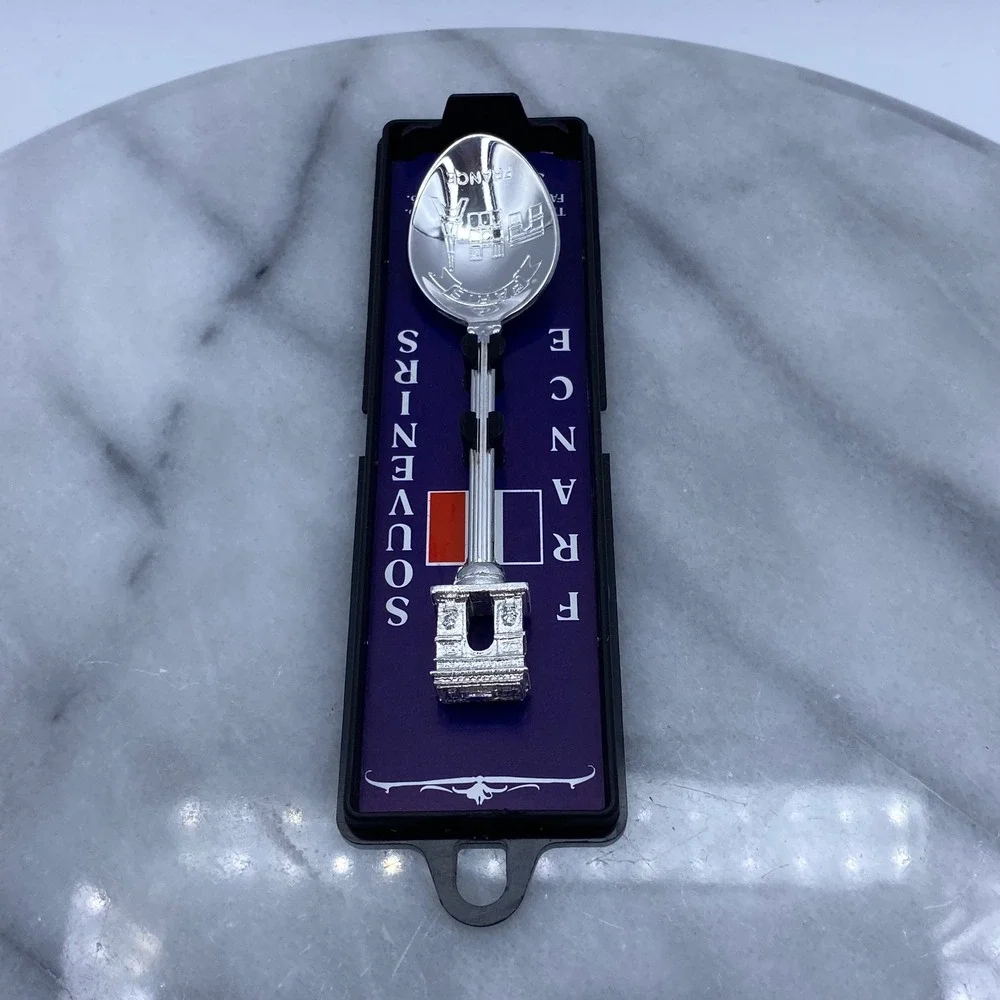 Paris France Souvenir Spoon Silver Plated Arc de Triomphe Eiffel w/Case Travel